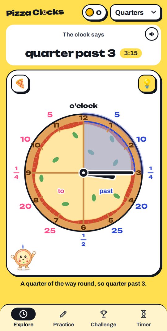 The Explore screen: a pizza clock showing quarter past 3 in words