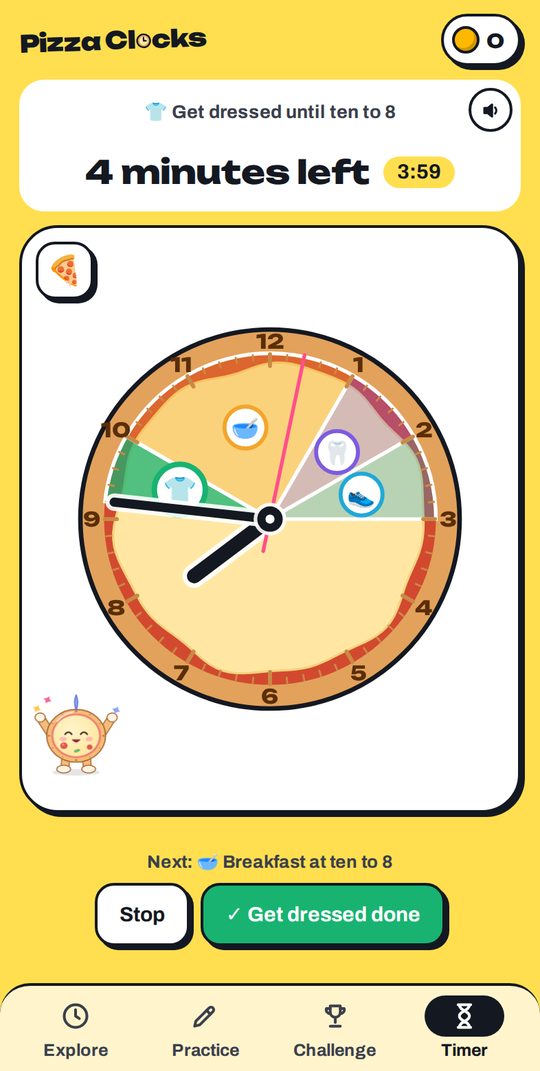 A school morning routine running: each job is a coloured slice on the clock